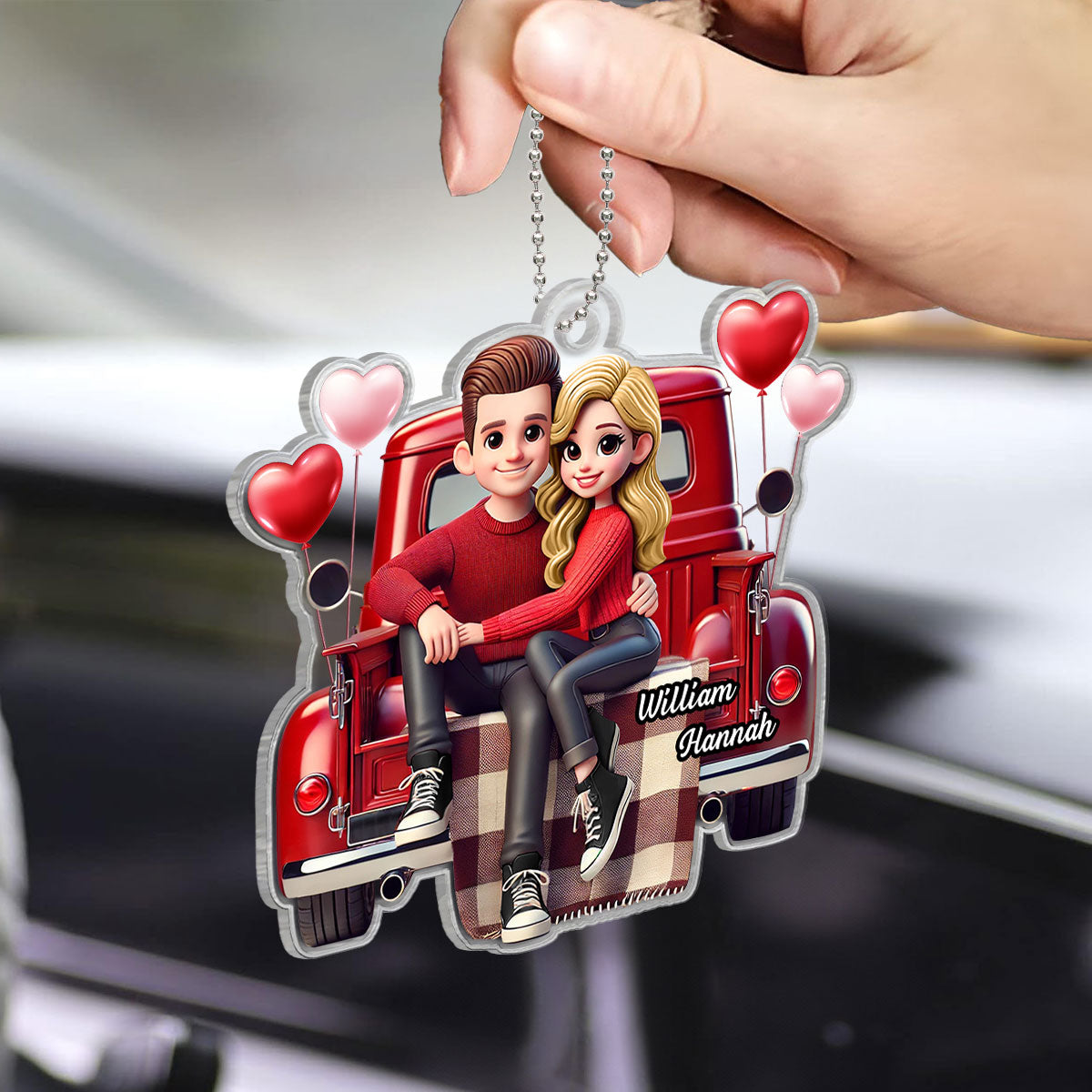 3D Effect Couple Sitting On Red Truck Personalized Acrylic Car Hanger, Gift, Anniversary Gift For Couples