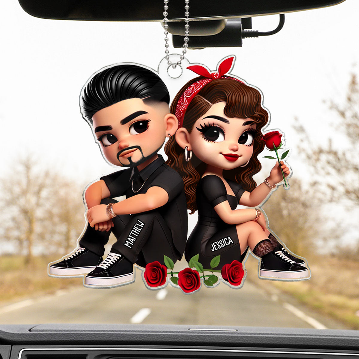 Pretty Couple Roses Heart Personalized Acrylic Car Hanger, Anniversary Gift, Gift for Couples