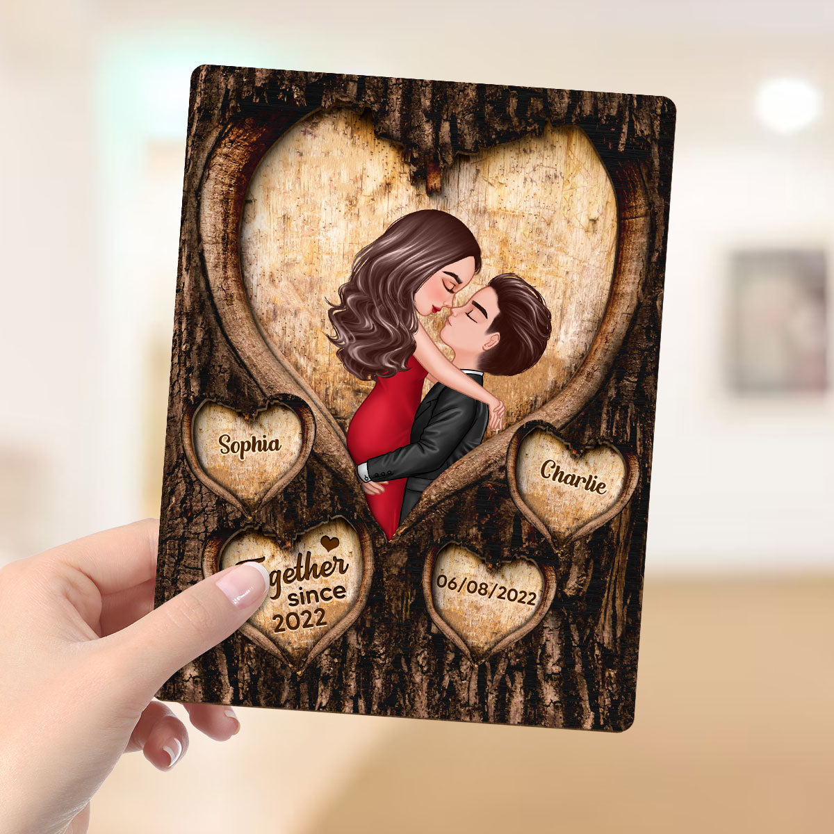 Couple Kissing Hearts Engraved On Tree Personalized 2-layer Wooden Plaque, Gift For Him, For Her