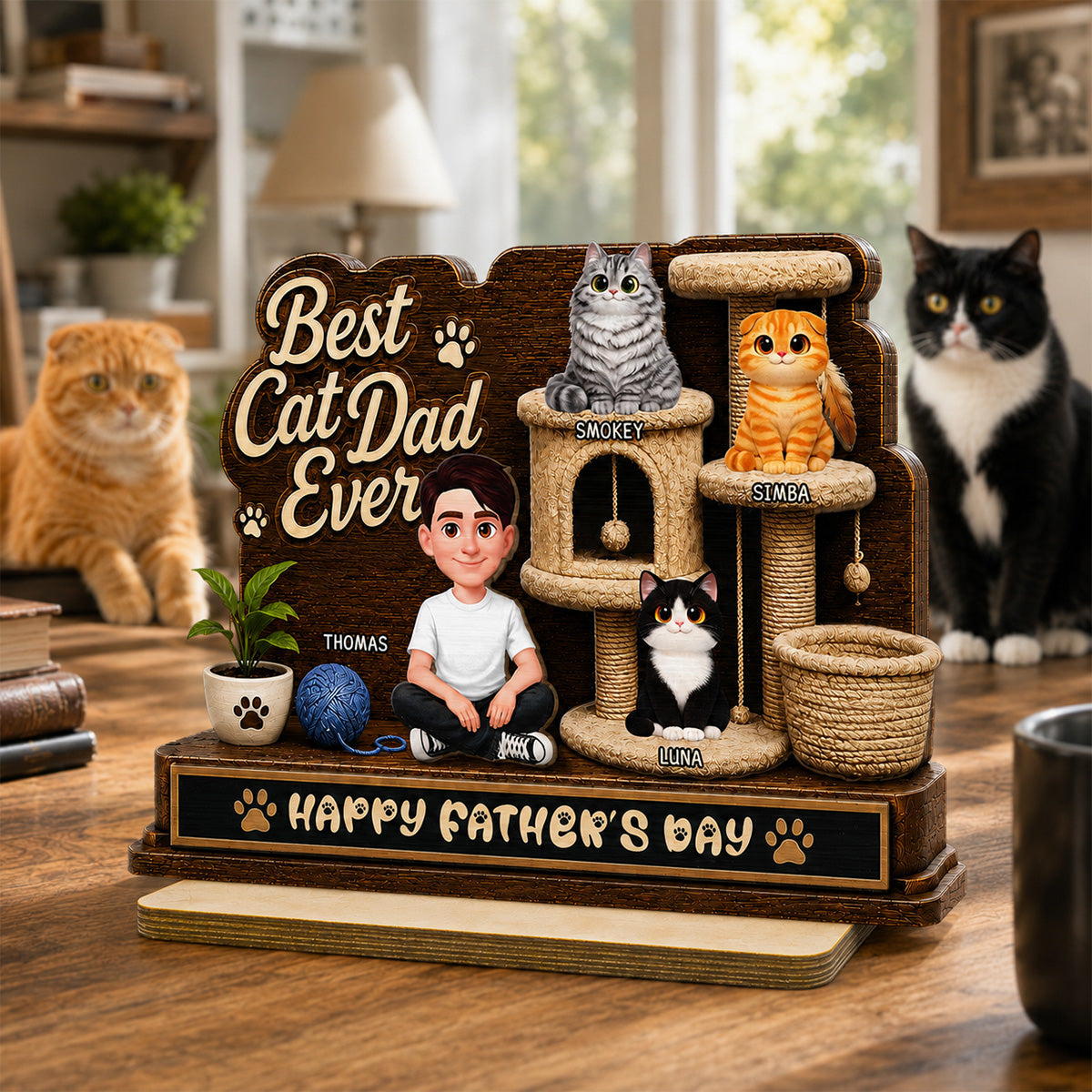 Best Cat Dad Ever Man Sitting Cute Cats On Cat Tree 2D Flat - Personalized 2-Layered Wooden Plaque - Gift For Cat Dad