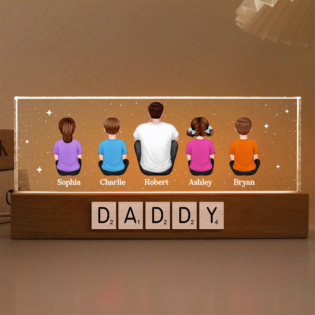 Daddy Grandpa Letters Wood Texture Sitting Back View Personalized Acrylic LED Night Light