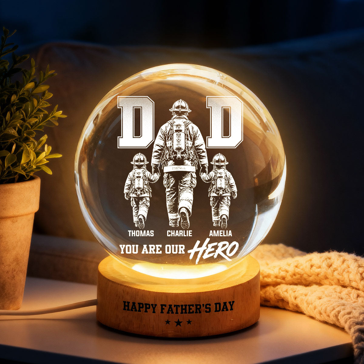 Proud Firefighter Dad You Are Our Hero - Personalized Crystal Ball LED Night Light - Gift For Dad, Husband