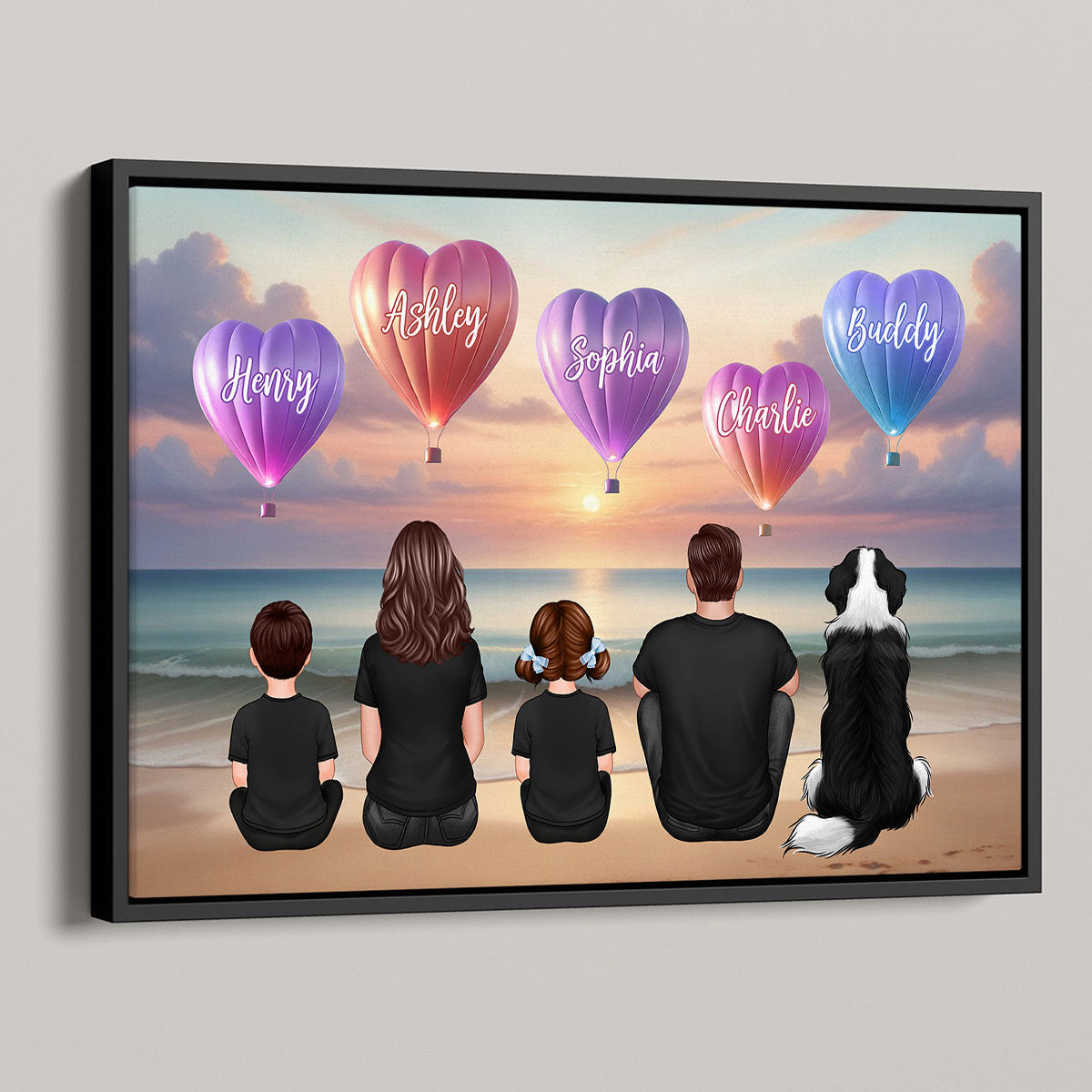 Personalized Family Sitting Back View Heart Air Balloons At Beach Poster, Gift for Family, Dad, Mom, Wife, Husband