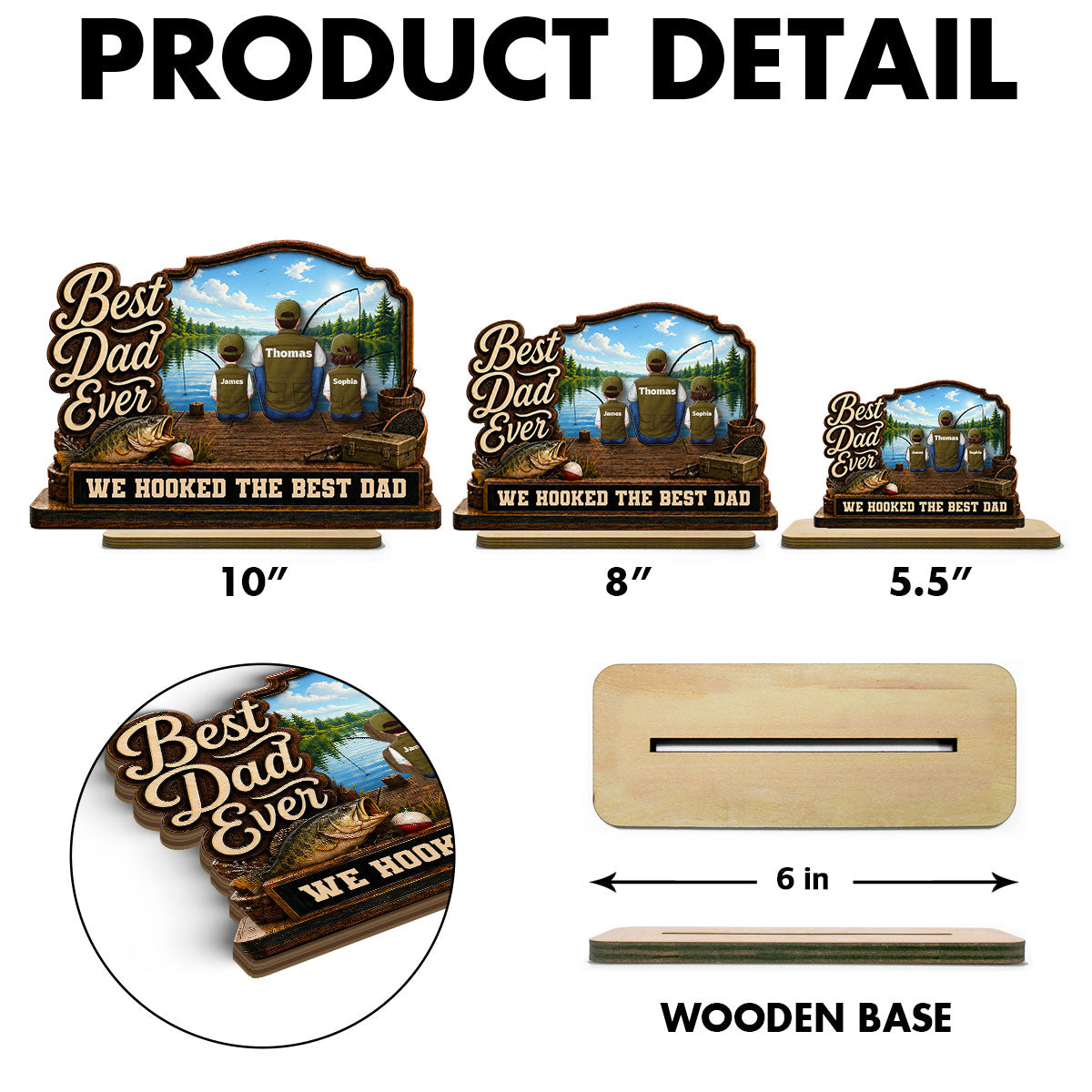 We Hooked The Best Dad Papa Fishing Man & Kids Back View 2D Flat - Personalized 2-Layered Wooden Plaque - Gift For Hunting Dad, Grandpa