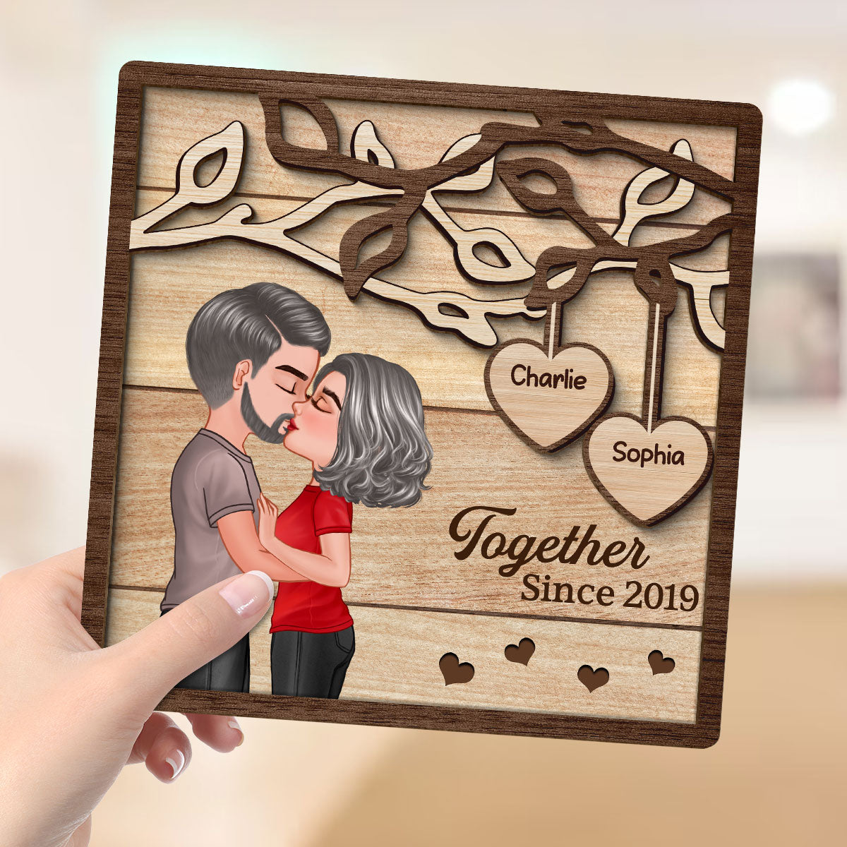 Couple Kissing Under Tree Gift For Her Gift For Him Personalized 2-Layer Wooden Plaque