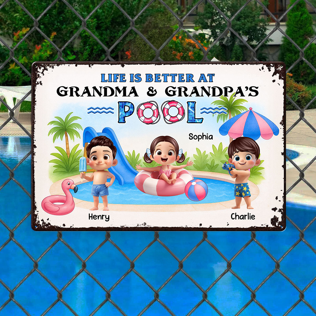 Welcome to Grandma & Grandpa's Pool, Memories are Made Here Personalized Metal Sign, Grandkids Welcome Sign