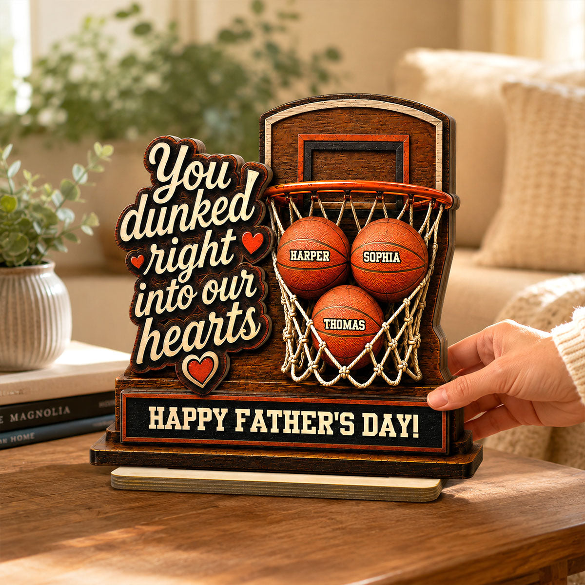 You Dunked Right Into Our Hearts Custom Name 2D Flat - Personalized 2-Layered Wooden Plaque - Gift For Basketball Dad