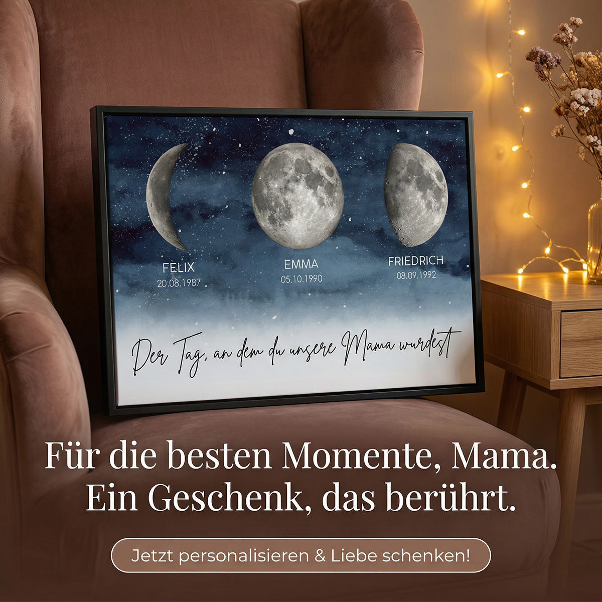 Sternennacht - Der Tag, an dem du Mama wurdest - Personalisiertes Poster mit Geburtsmondphase - Muttertagsgeschenk fr Mama