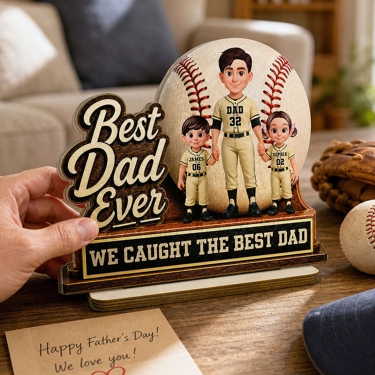 We Caught The Best Dad Dad & Kids - Personalized 2-Layered Wooden Plaque - Happy For Baseball Softball Dad
