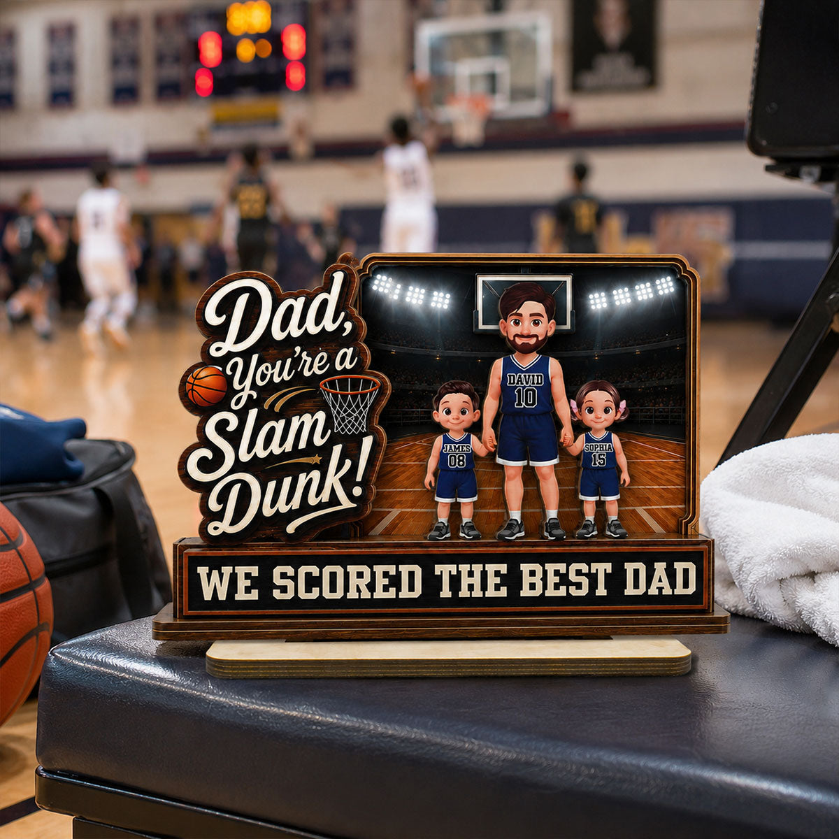 Dad You Are A Slam Dunk Basketball Man & Kids 2D Flat - Personalized 2-Layered Wooden Plaque - Gift For Basketball Dad