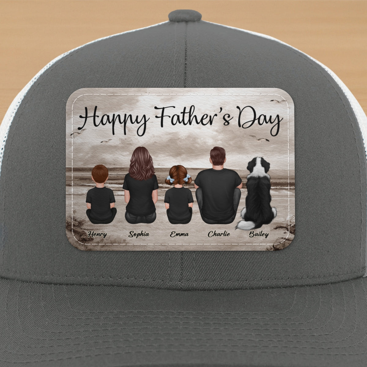 Family Sitting Retro Vintage Beach Landscape Personalized Leather Patch Hat, Gift For Dad