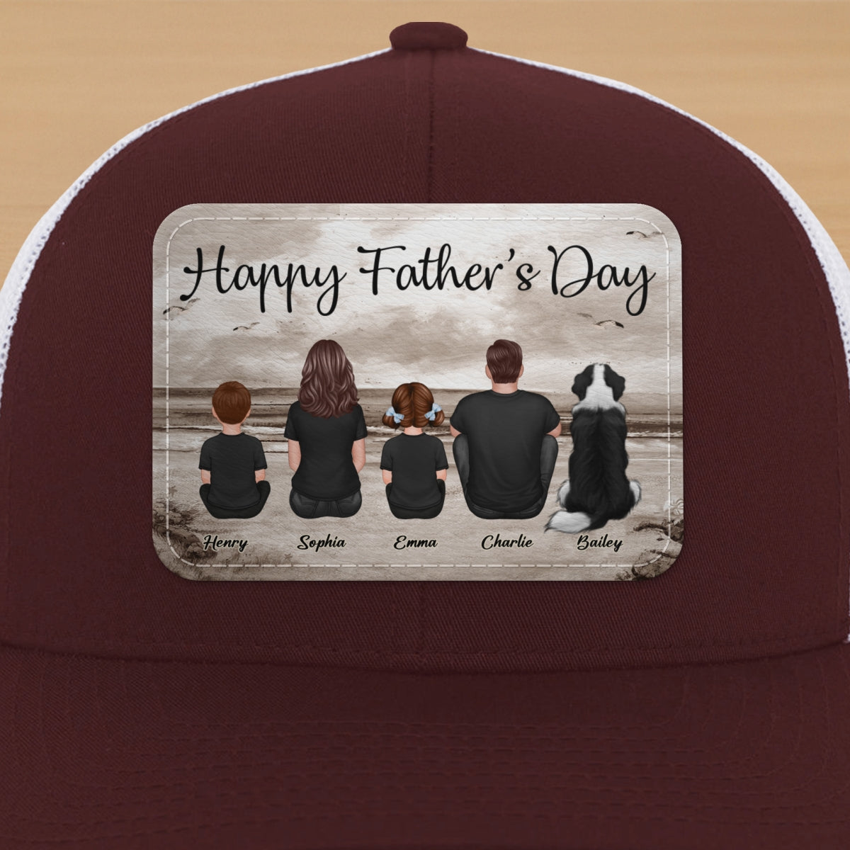 Family Sitting Retro Vintage Beach Landscape Personalized Leather Patch Hat, Gift For Dad