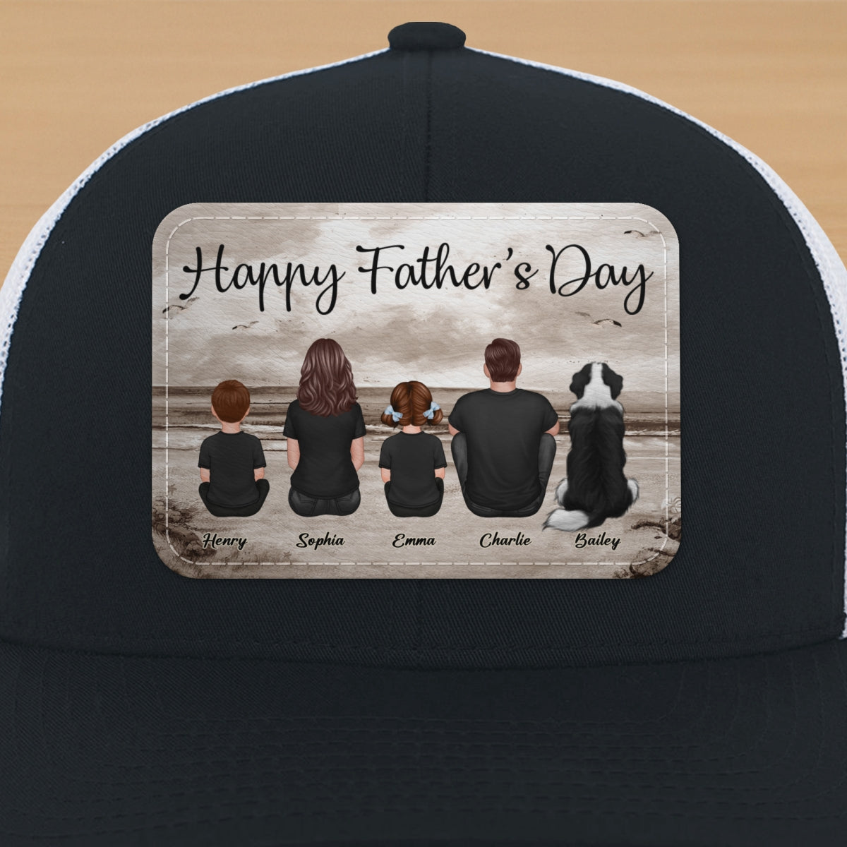 Family Sitting Retro Vintage Beach Landscape Personalized Leather Patch Hat, Gift For Dad