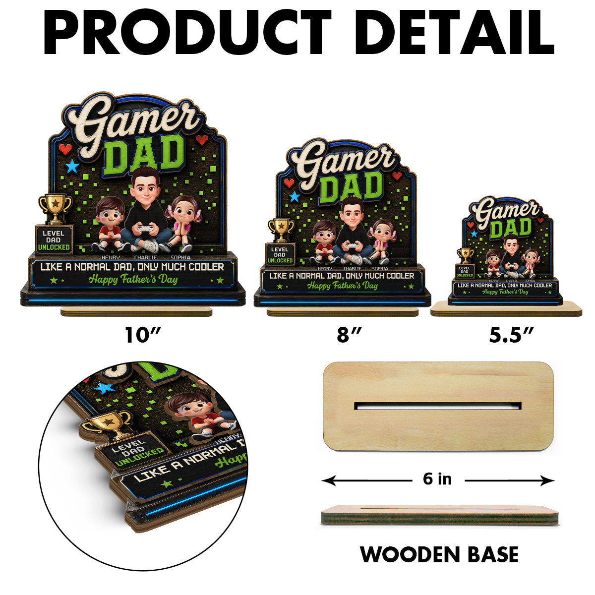 Gamer Dad & Kids - Personalized 2-Layered Wooden Plaque - Gift For Gamer Dad