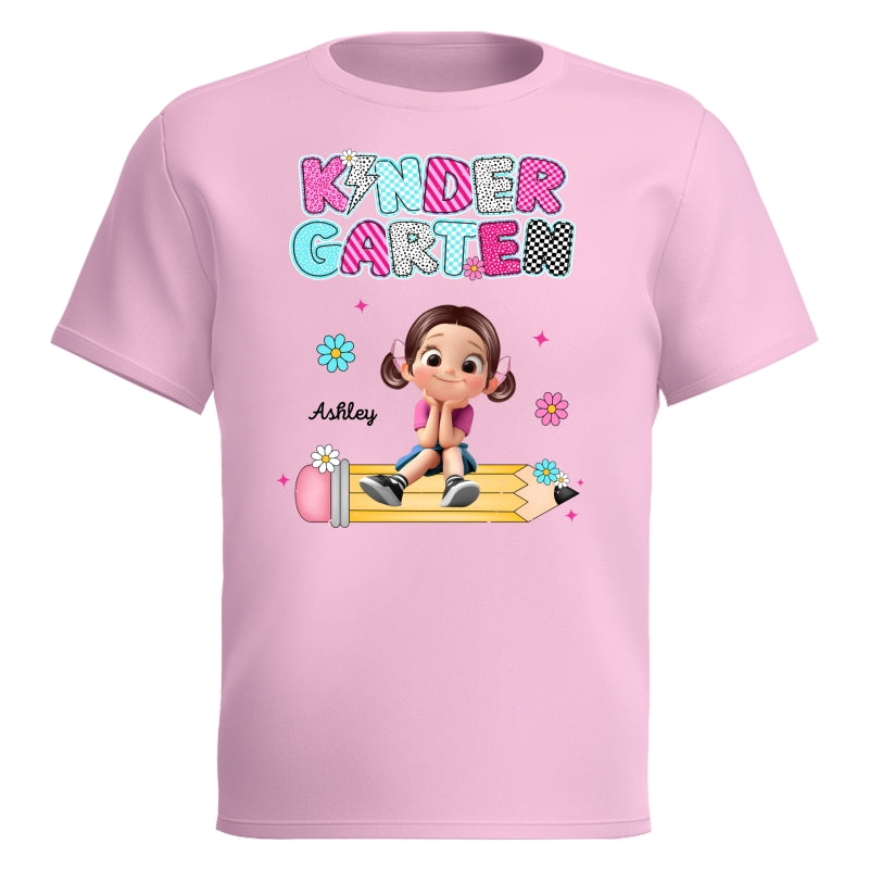 Personalized Kindergarten Tshirt for Girls, Colorful Pencil Pattern Custom Kids Name, Back To School Shirt Toddler, First Day School Outfit