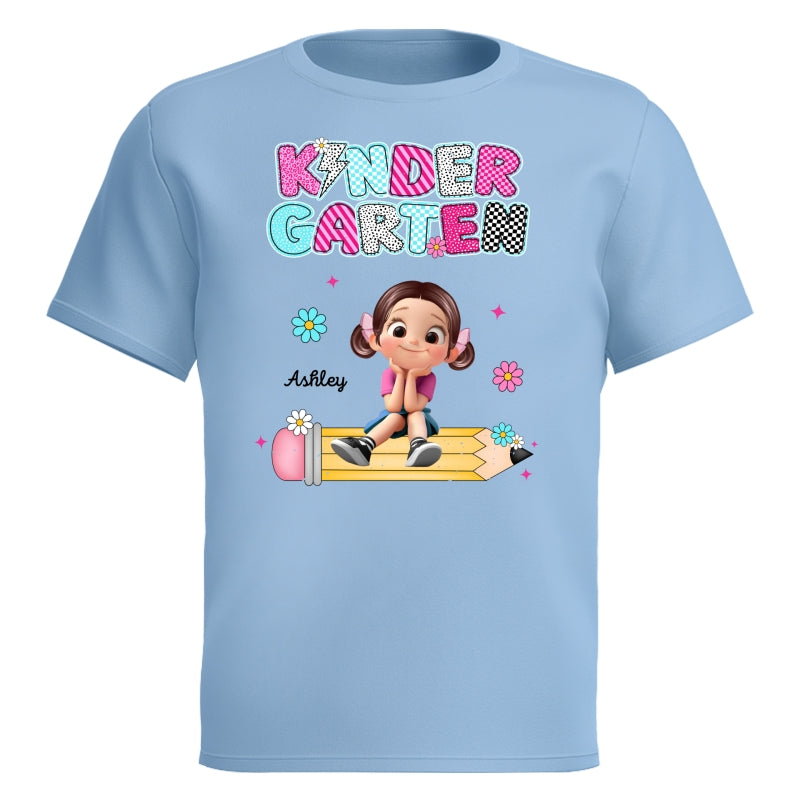 Personalized Kindergarten Tshirt for Girls, Colorful Pencil Pattern Custom Kids Name, Back To School Shirt Toddler, First Day School Outfit