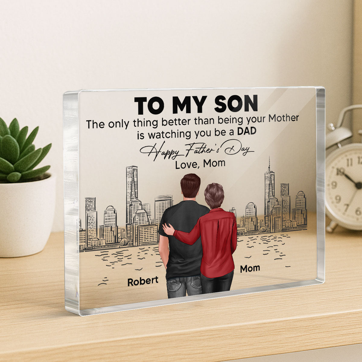 To My Son From Mom Happy Skyline Personalized Rectangle Acrylic Block Plaque