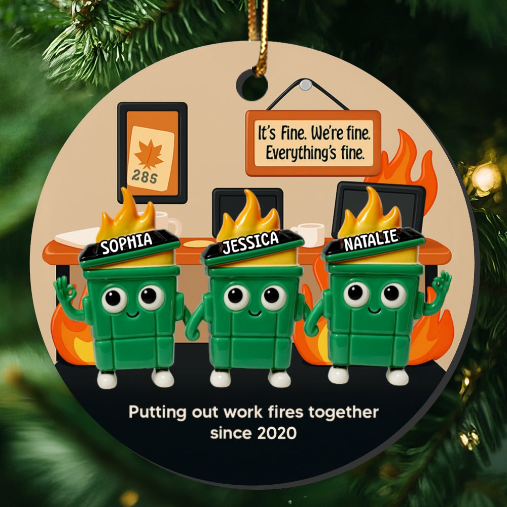 3D Effect Dumpster Fires In Office Scene - Personalized Ceramic Ornament - Funny Gift For Colleagues, Work Besties