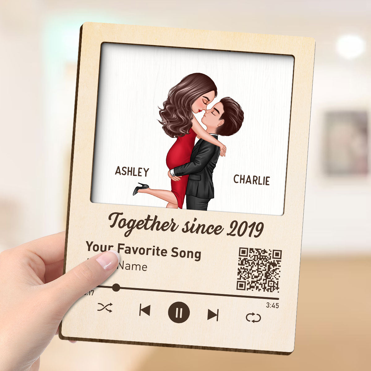 Couple Kissing Favorite Song QR Code Gift Personalized 2-layer Wooden Plaque