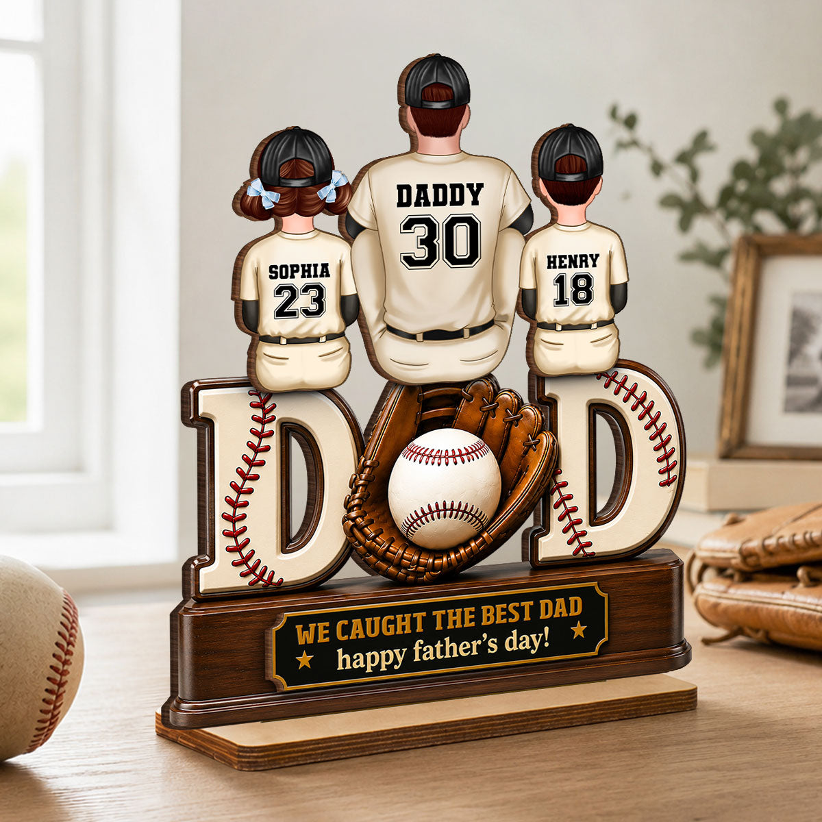 Dad And Children Baseball Gloves - Personalized 2-Layered Wooden Plaque - Gift for Dad, Husband