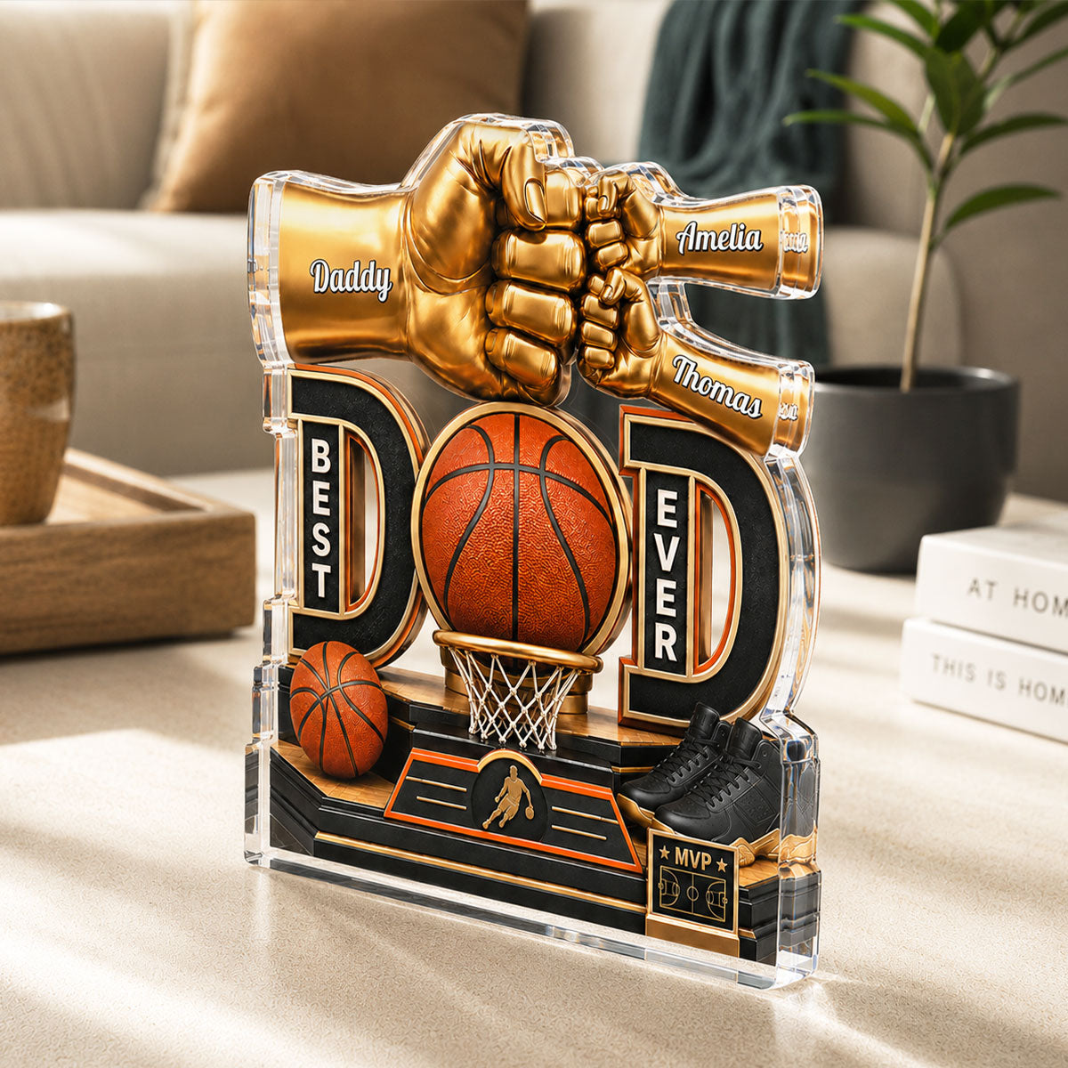 Basketball Dad & Kids Fist Bump - Personalized Acrylic Block Plaque - Gift For Dad, Husband