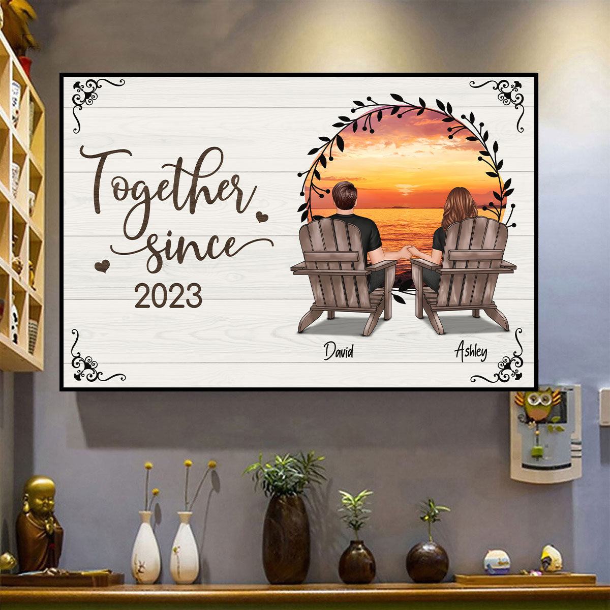 Retro Wreath Couple Beach Landscape Vintage Personalized Poster, Heartfelt 2025 Gift, Anniversary Gift For Couple, Husband, Wife, Dad, Mom