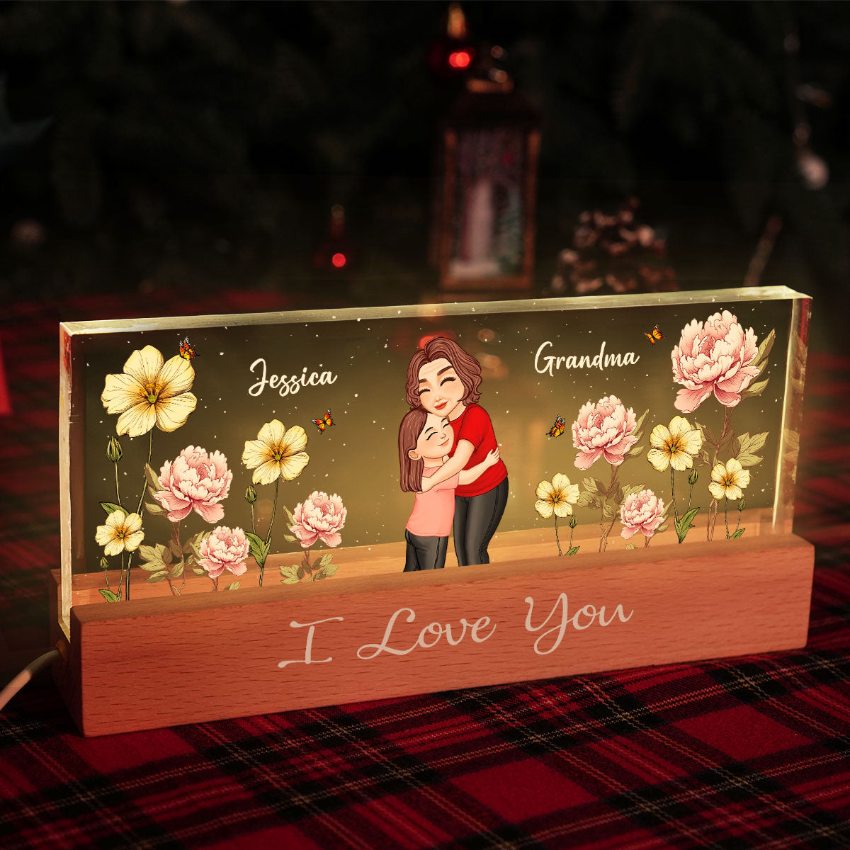Grandma Hugging Grandkid Birth Month Flower Personalized Acrylic Block LED Night Light, Heartfelt Gift For Grandma, Grandkids