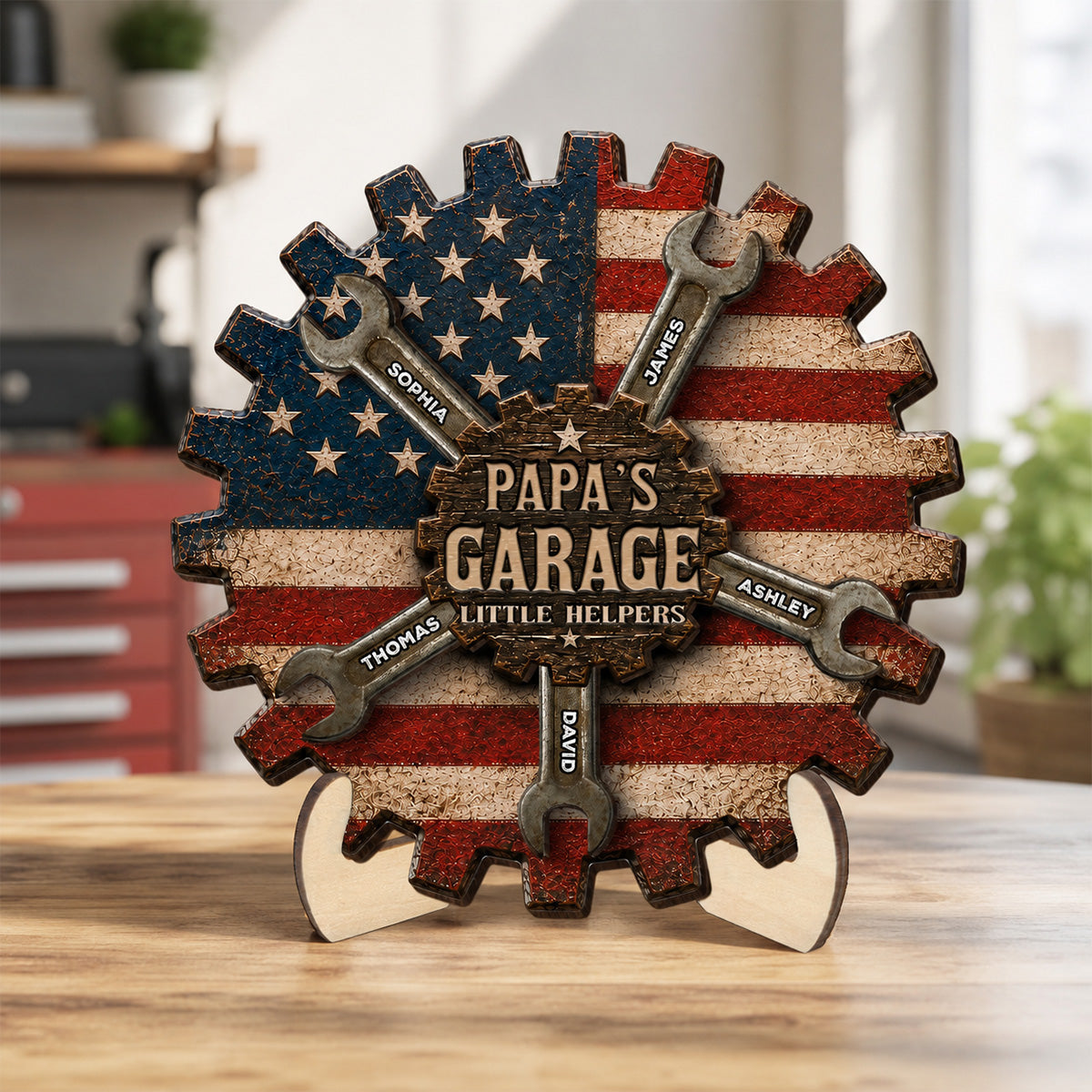 Rustic Workshop Little Helpers Nation Flag Theme 2D Flat - Personalized 2-Layered Wooden Plaque - Gift For Patriotic Mechanic Dad, Grandpa