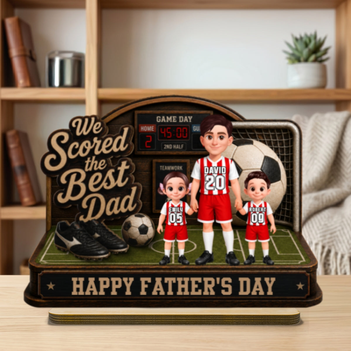 Soccer Dad & Kids On Court 2D Flat - Personalized 2-Layered Wooden Plaque - Gift For Soccer Dad, UK Football Dad