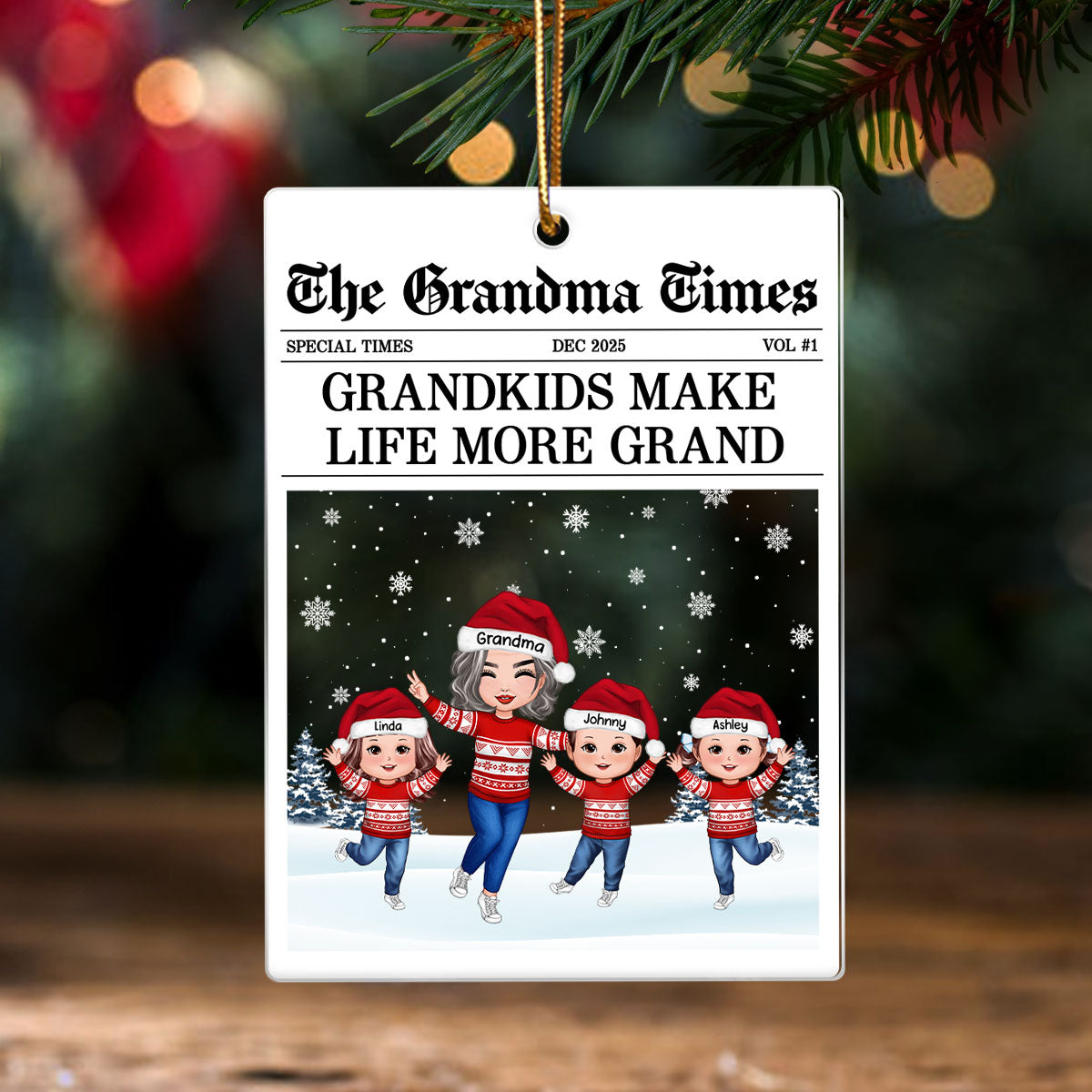 The Grandma Times Grandkids Newspaper - Personalized Acrylic Ornament - Christmas Gift for Grandma