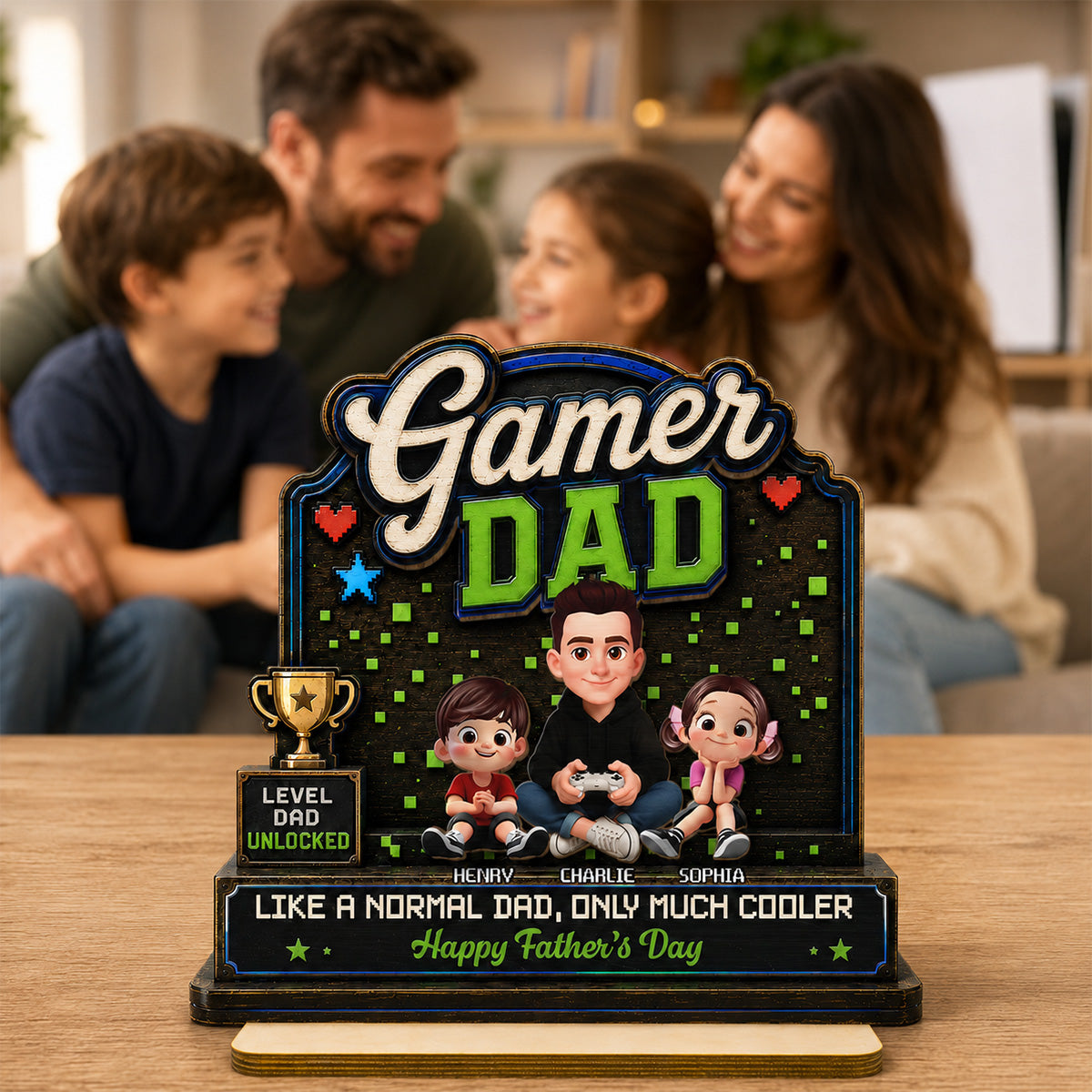 Gamer Dad & Kids - Personalized 2-Layered Wooden Plaque - Gift For Gamer Dad