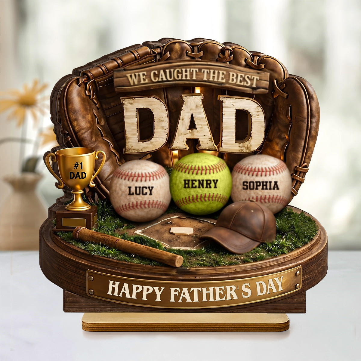 We Caught the Best Baseball Dad - Personalized 2-Layered Wooden Plaque - Gift for Dad, Husband