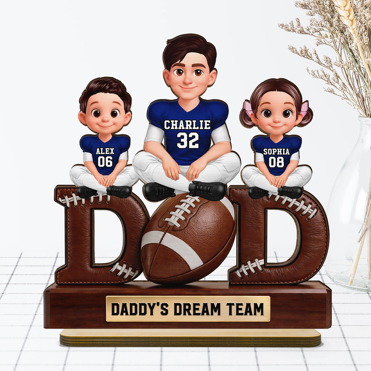 American Football Daddy's Dream Team - Personalized 2-Layered Wooden Plaque - Gift For Dad