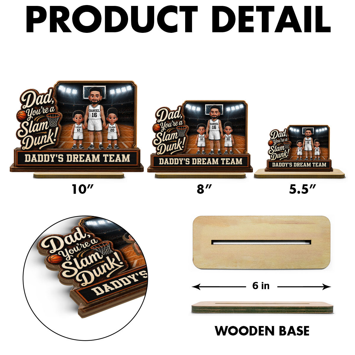 Dad You Are A Slam Dunk Basketball Man & Kids 2D Flat - Personalized 2-Layered Wooden Plaque - Gift For Basketball Dad