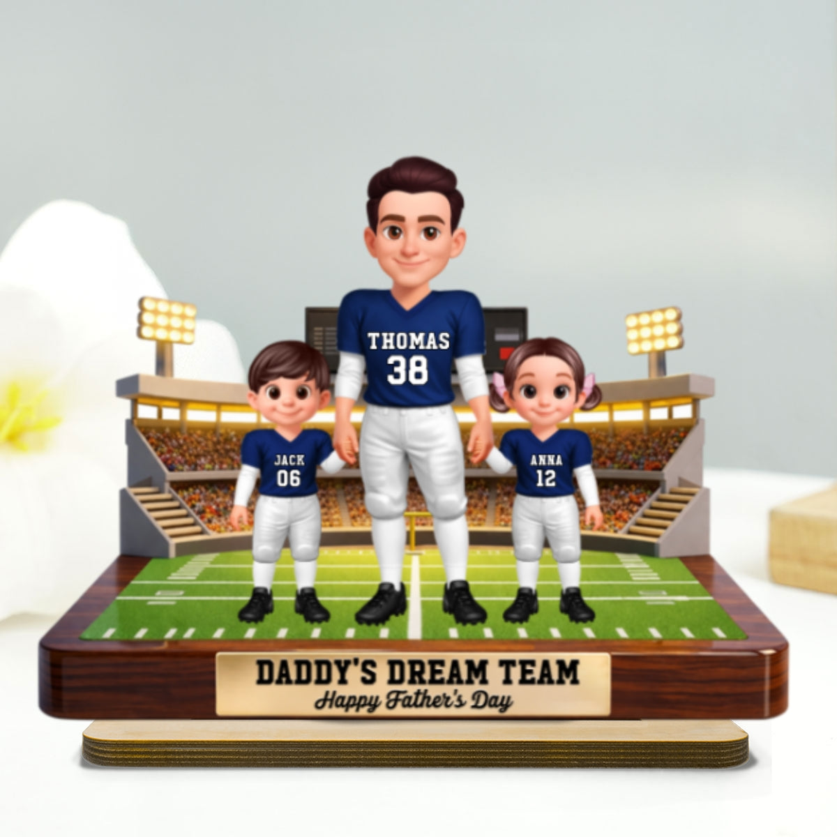 American Football Dad And Kids - Personalized 2-Layered Wooden Plaque - Gift For Dad