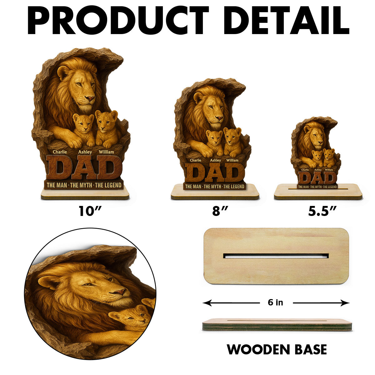 Lion Dad And Kids Personalized 2- Layer Standing Wooden Plaque, Unique Gift For Dad