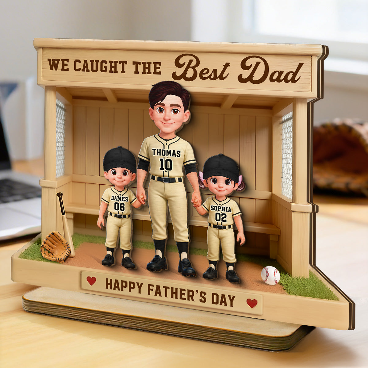 We Caught The Best Dad Baseball Dugout - Personalized 2-Layered Wooden Plaque - Gift For Baseball Dad
