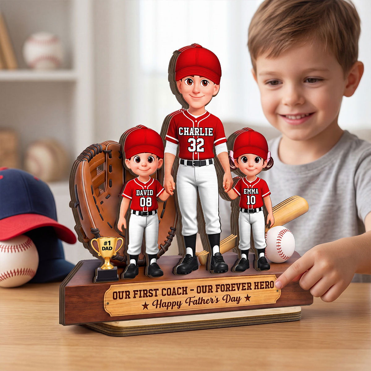 Baseball No.1 Dad We Caught The Best Dad - Personalized 2-Layered Wooden Plaque - Gift For Dad