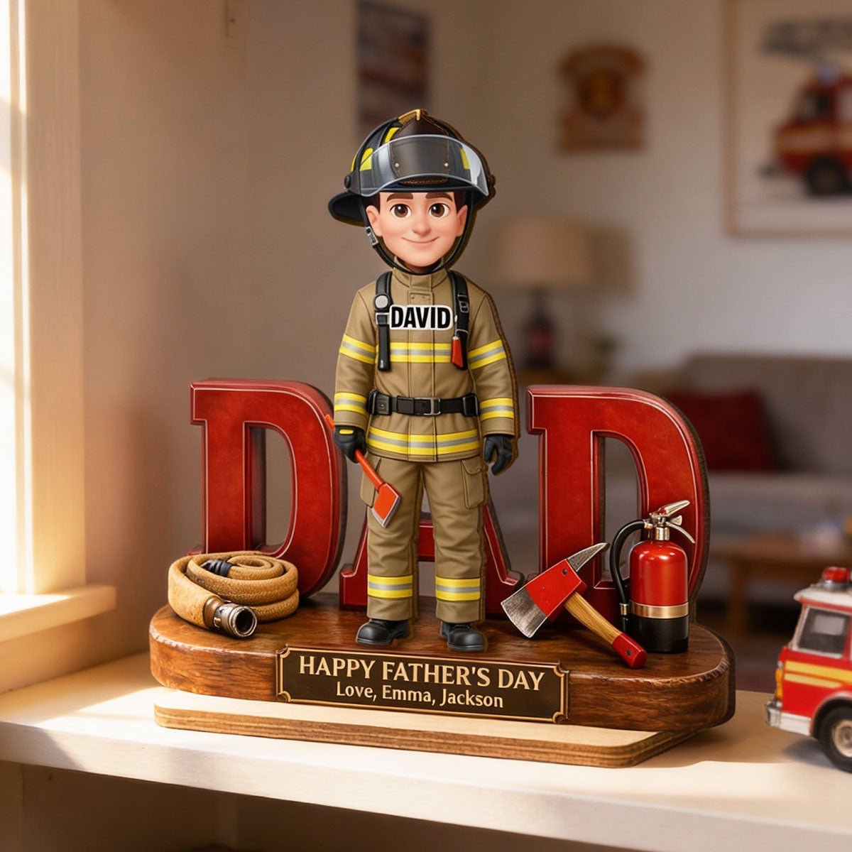 Proud American Firefighter Dad - Personalized 2-Layered Wooden Plaque - Gift For Dad