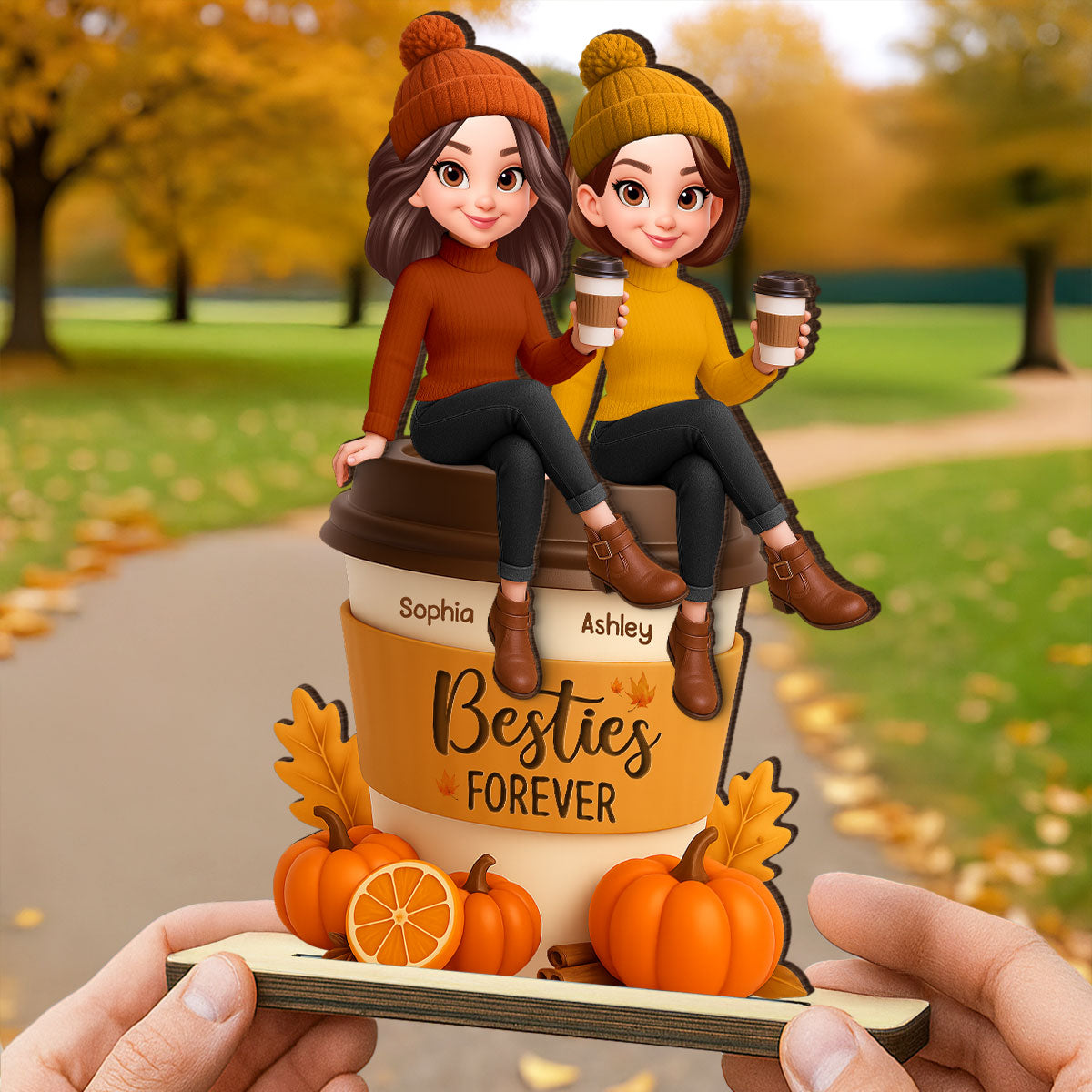 Fall Season Besties Sitting On Pumpkin Spice Latte - Personalized 2-Layered Wooden Plaque