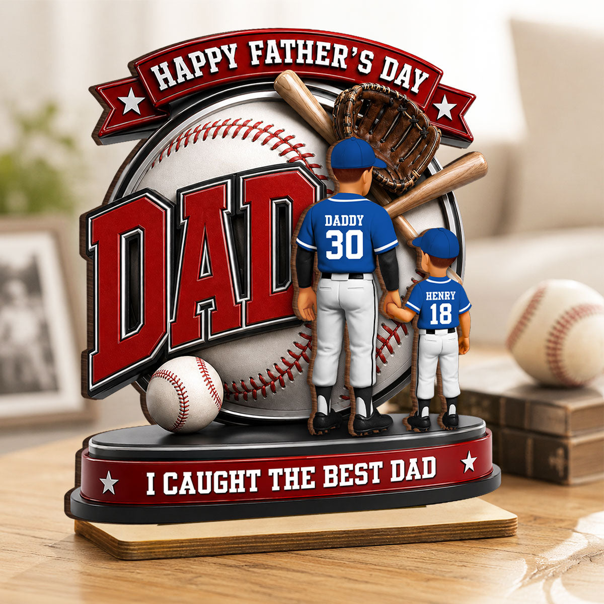 Baseball Dad Home Run Hero - Personalized 2-Layered Wooden Plaque - Gift For Dad, Husband
