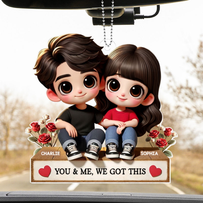 3D Effect Cartoon Couple Sitting Next To Each Other Personalized Acrylic Car Hanger, Anniversary Gift for him, Gift for her