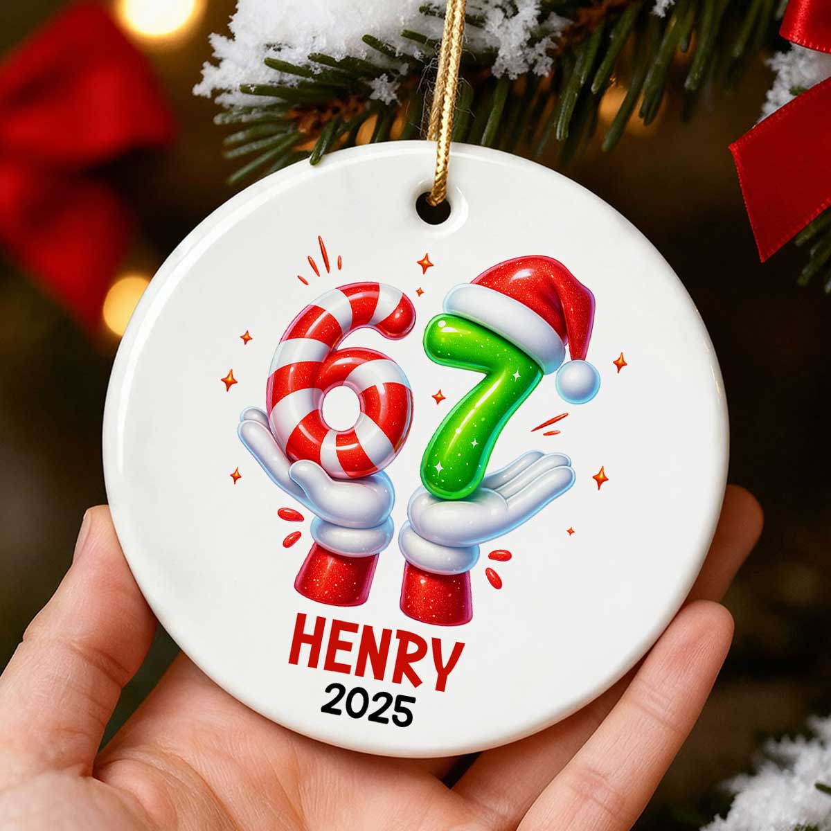 Funny Kids Six Seven Christmas - Personalized Ceramic Ornament - 2025 Slang Christmas, Funny Teen Grandkid Ornament, Gen Alpha Christmas Gift - 67 Gift