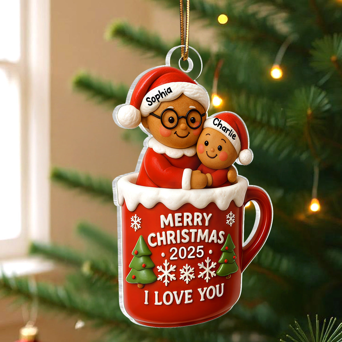 Christmas Gingerbread Grandma Hugging Grandkid In Hot Cocoa Personalized Acrylic Ornament