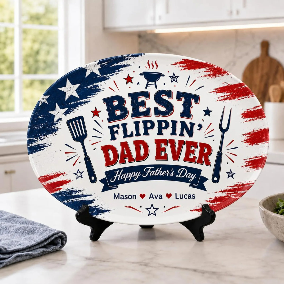 Personalized Ceramic Flippin Ever Platter, Father's Day Grilling Custom Name Gift