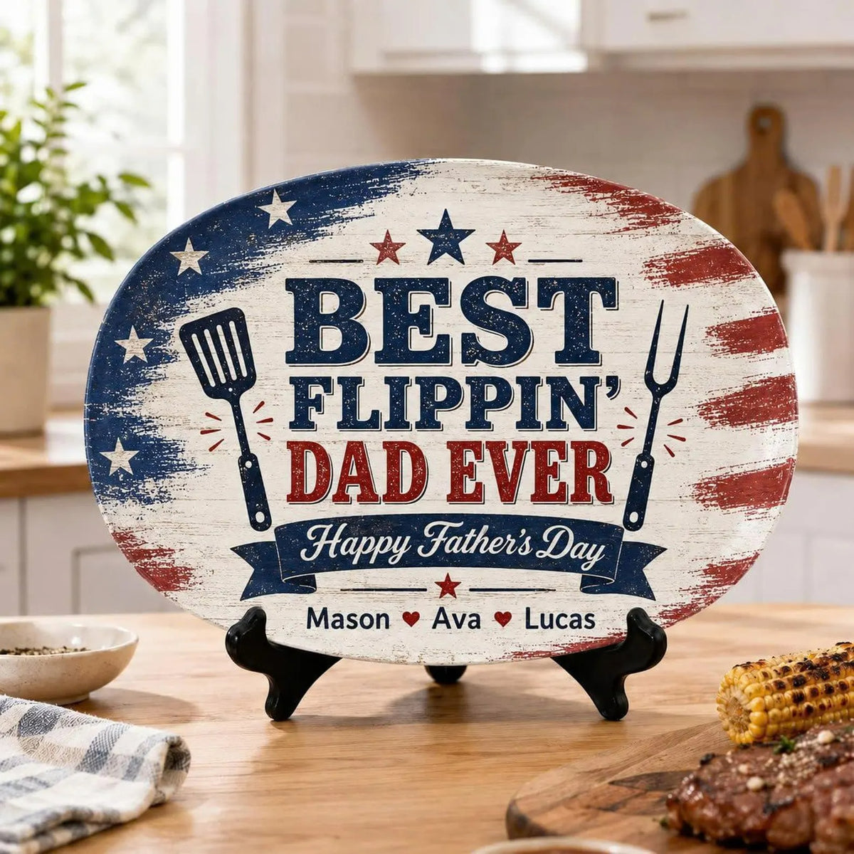 Personalized Ceramic Flippin Ever Platter, Father's Day Grilling Custom Name Gift