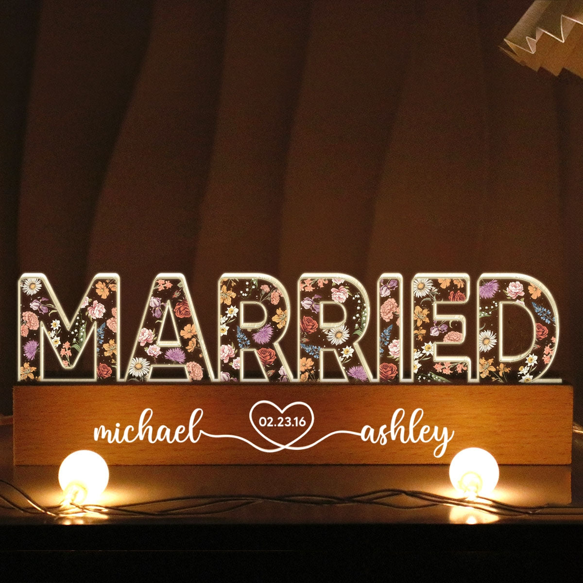 Personalized Couple Wedding Married Floral Theme Anniversary Gift Acrylic Block LED Night Light, Heartfelt 2025 Gift, For Him, For Her, For Husband, For Wife