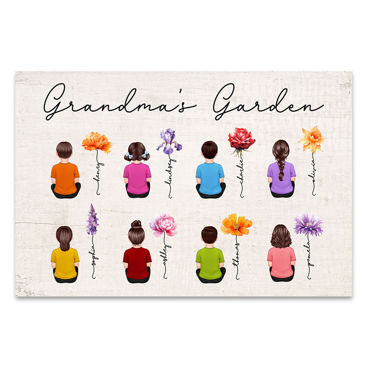Grandkids Sitting Grandma Garden Vintage Birth Month Flowers Mother‘s Day Gift Personalized Canvas