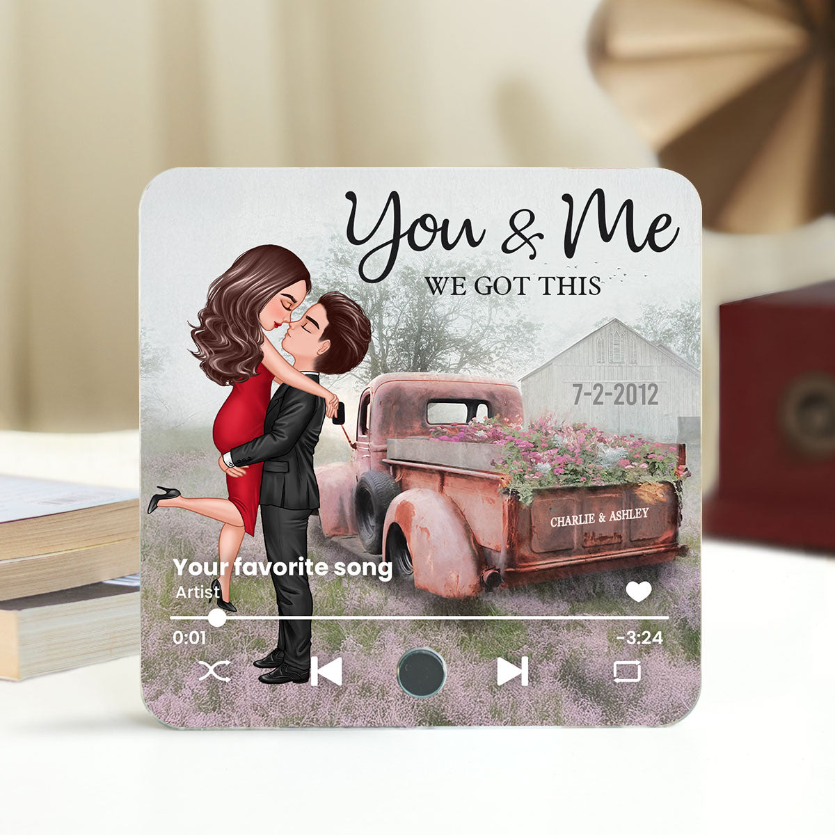 Red Vintage Truck Farmhouse Couple Hugging Kissing Personalized Music Fridge Magnet, Anniversary Gift For Him, For Her