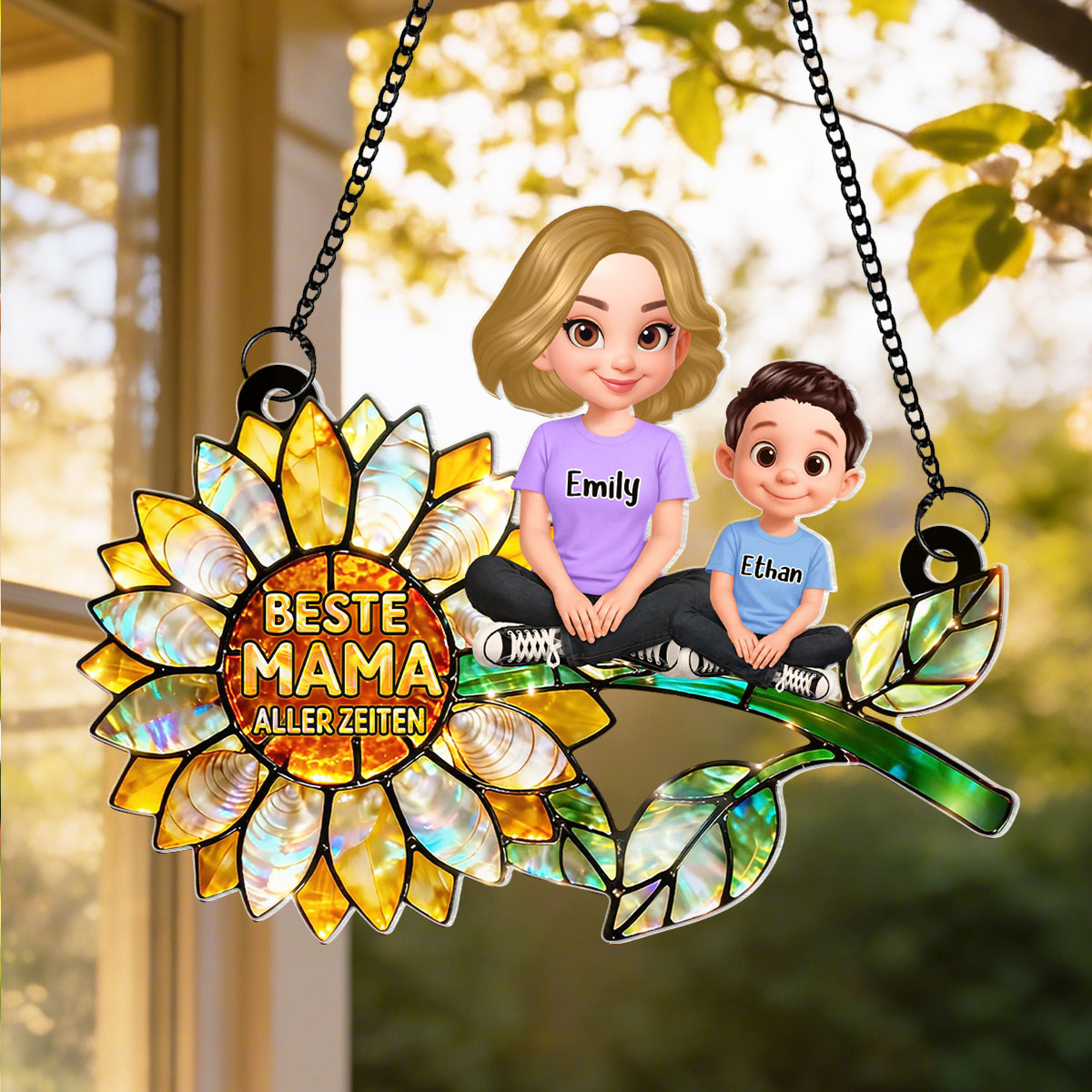 Sonnenblumen-Mama mit Kindern – Personalisierter Suncatcher frs Fenster – Liebevolles Muttertagsgeschenk fr Mama oder Ehefrau